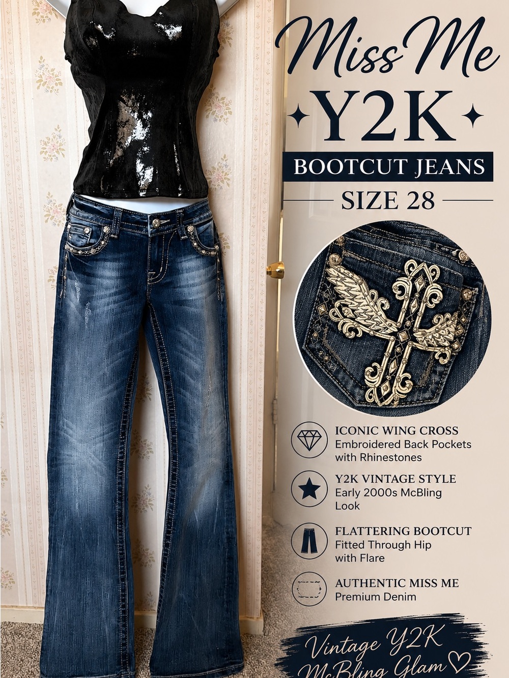 Miss Me Authentic Y2K Embroidered Wing Cross Bootcut Bling Rhinestone Jeans Sz28